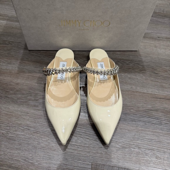 Jimmy Choo Bing Crystal Strap Patent Leather in Linen Mule Flats - Picture 3 of 16
